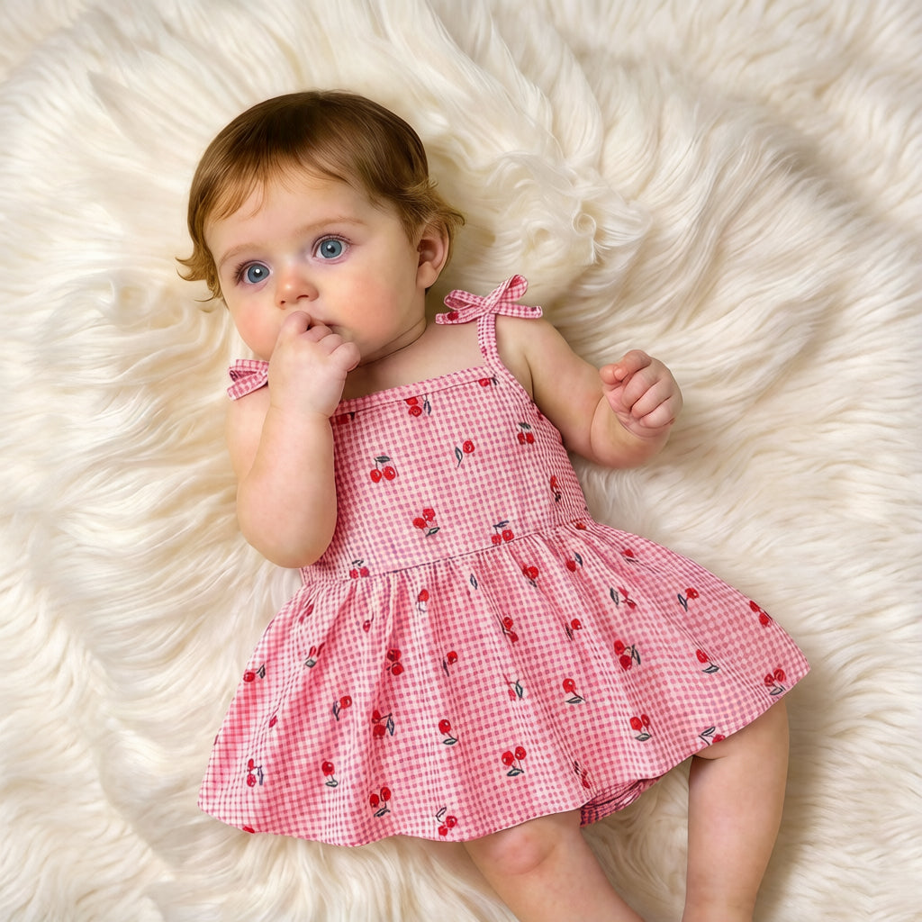 Vibrant Cute Cherry & Plaid Print Sleeveless Baby Romper