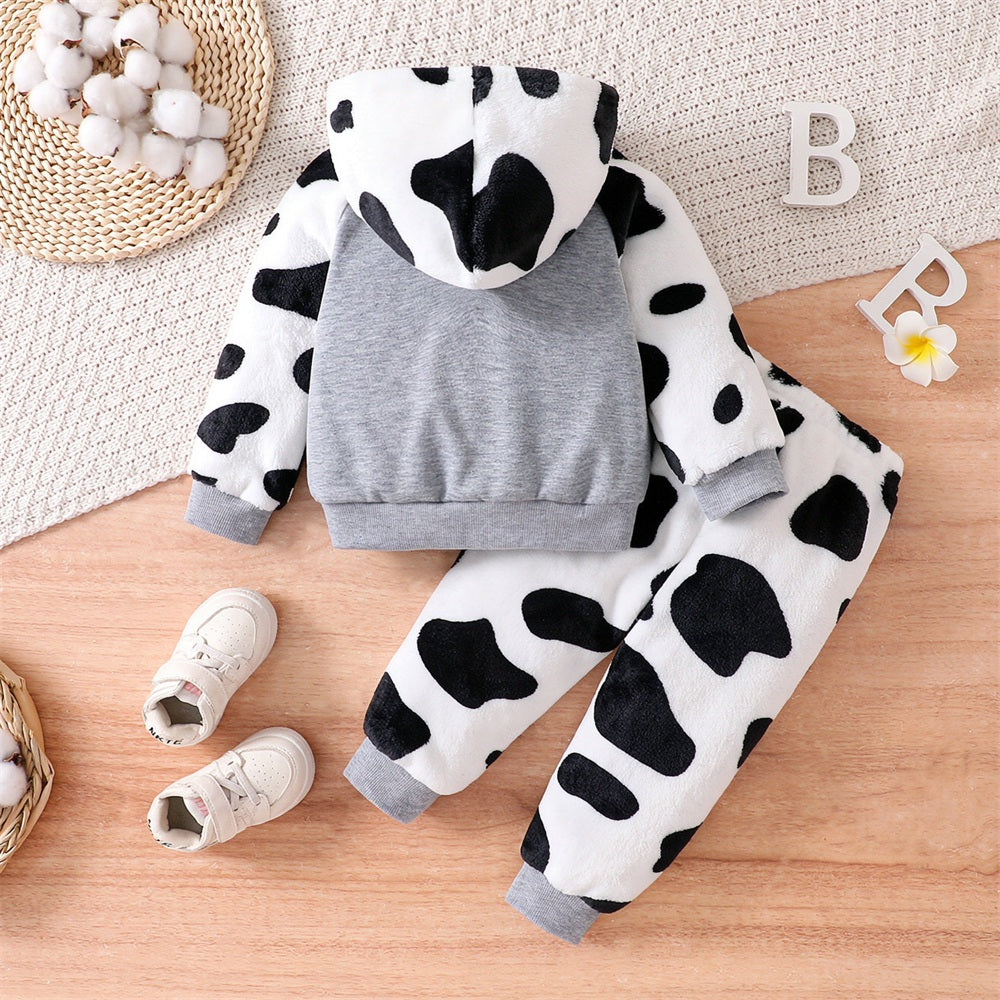 2PCS Cute Cow Print Fuzzy Long Sleeve Hoodie Baby Set