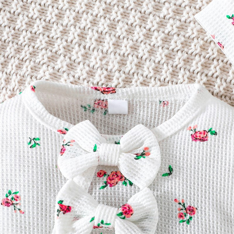 2PCS Baby Girl Ditsy Floral Print Waffle Long Sleeve Jumpsuit