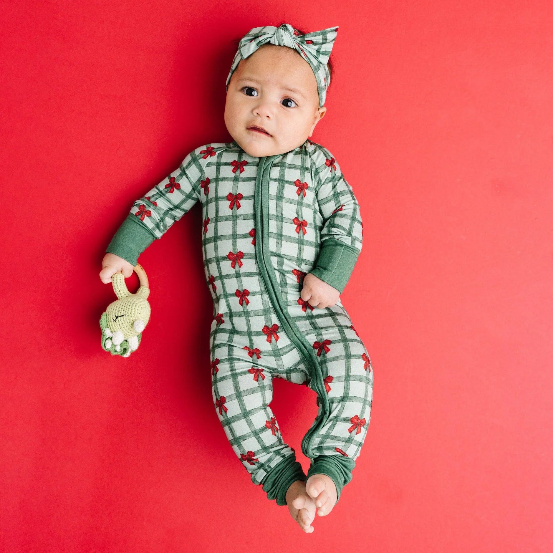 2PCS Bow Plaid Printed Zipper Baby Jumpsuit