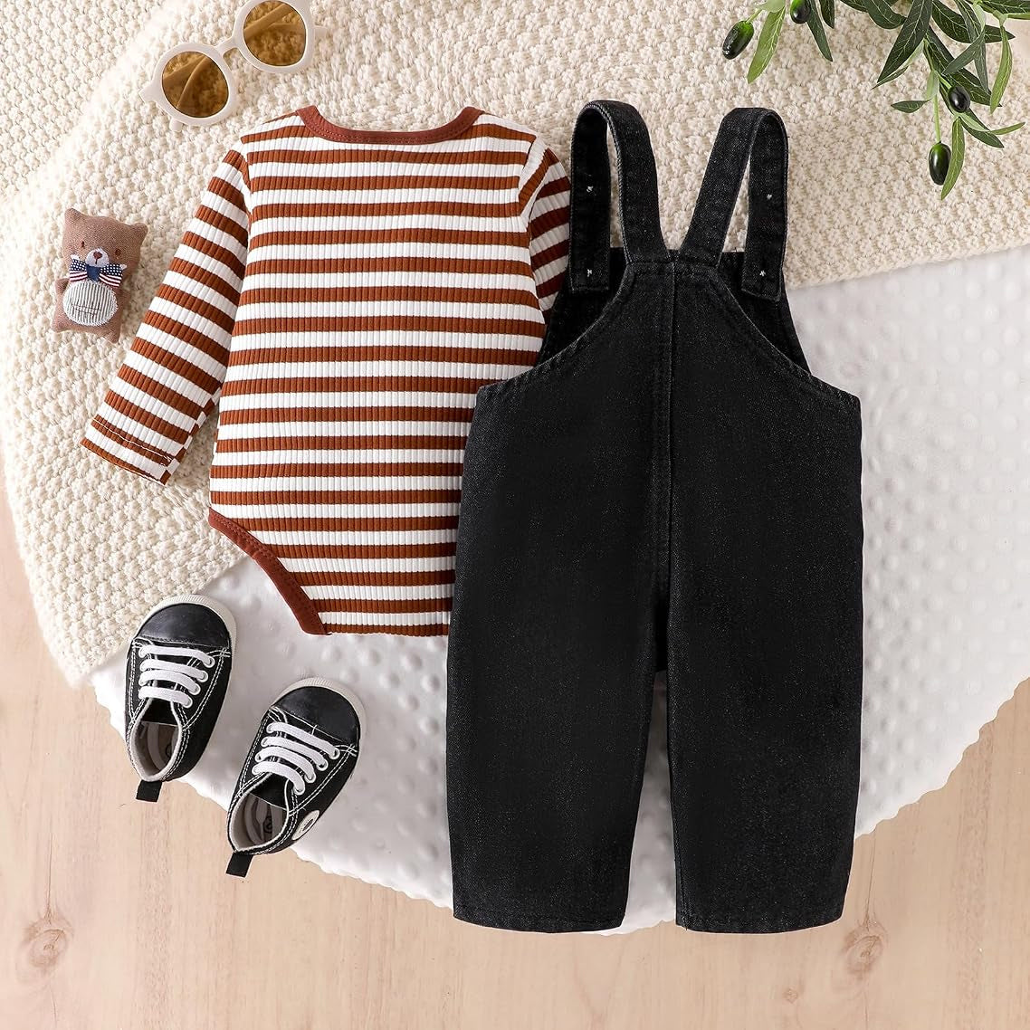 2PCS Stripe Printed Denim Overalls Baby Set