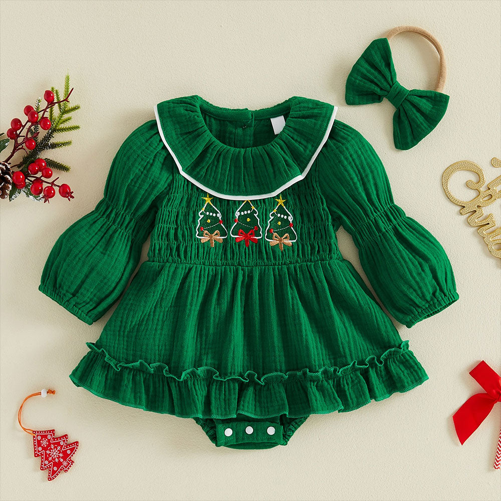 2PCS Christmas Santa Claus Tree Applique Long Sleeve Baby Romper