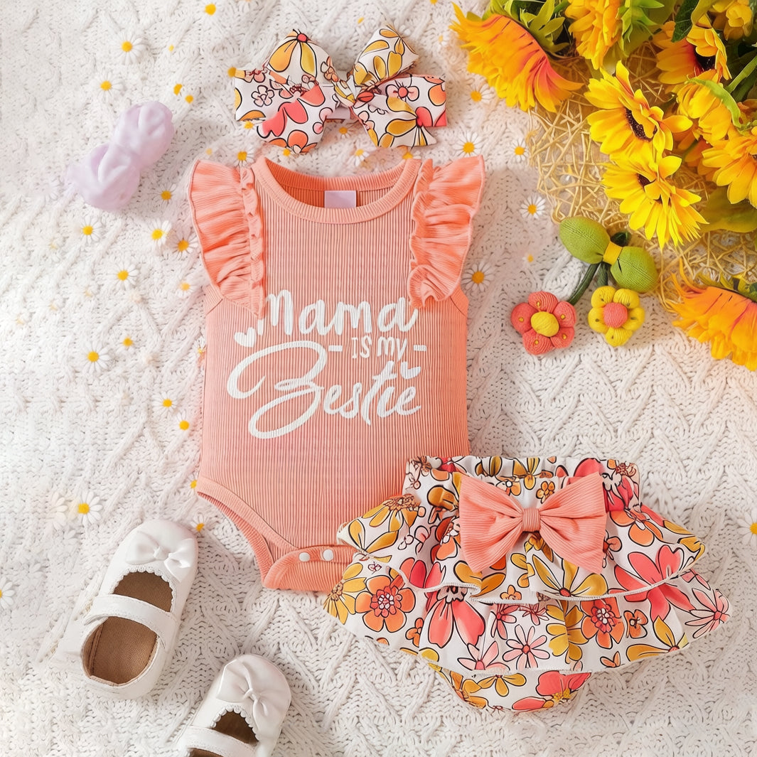3PCS Mama is My Bestie Letter Floral Printed Flounce Sleeve Baby Set