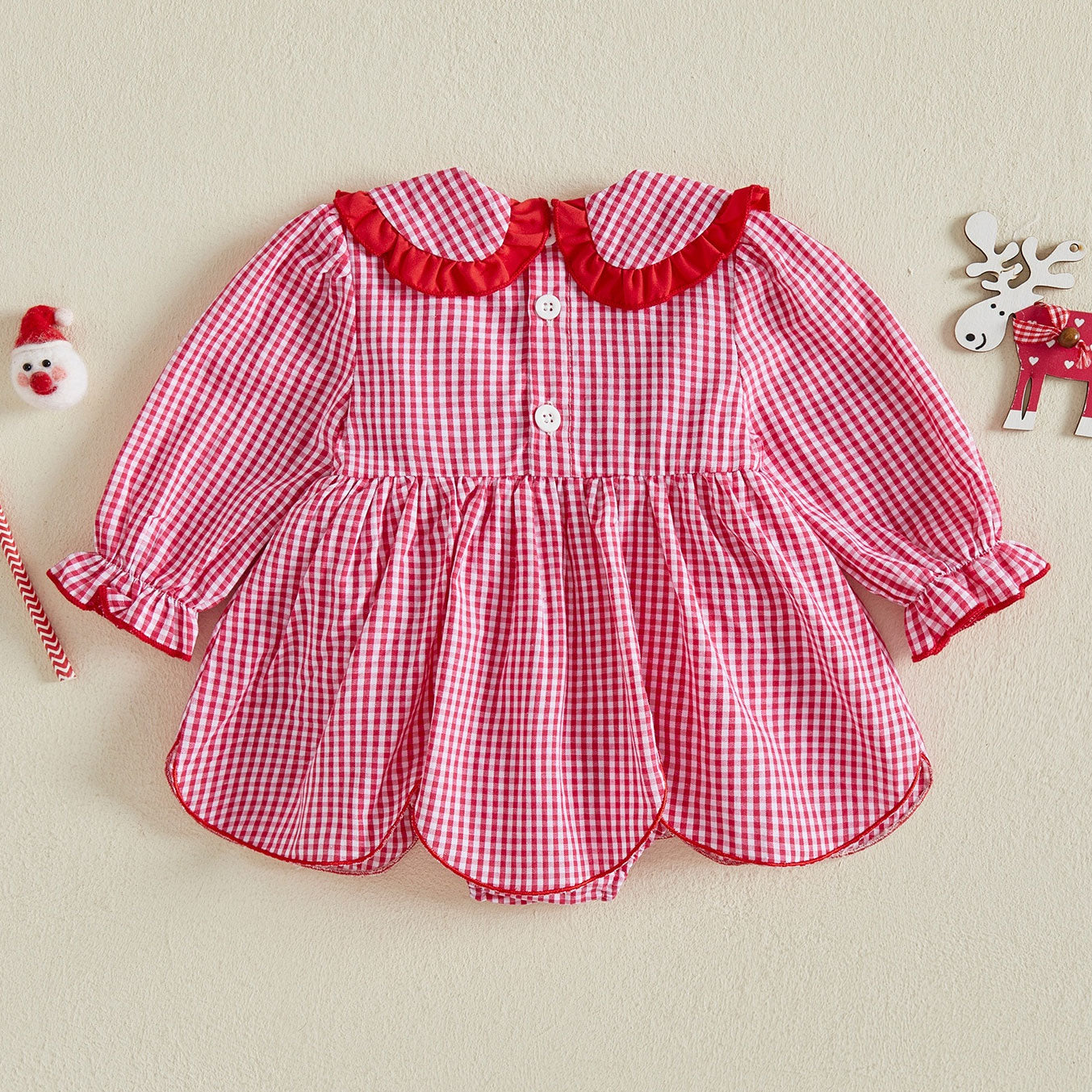 Lovely Christmas Santa Claus Plaid Printed Long Sleeve Baby Romper