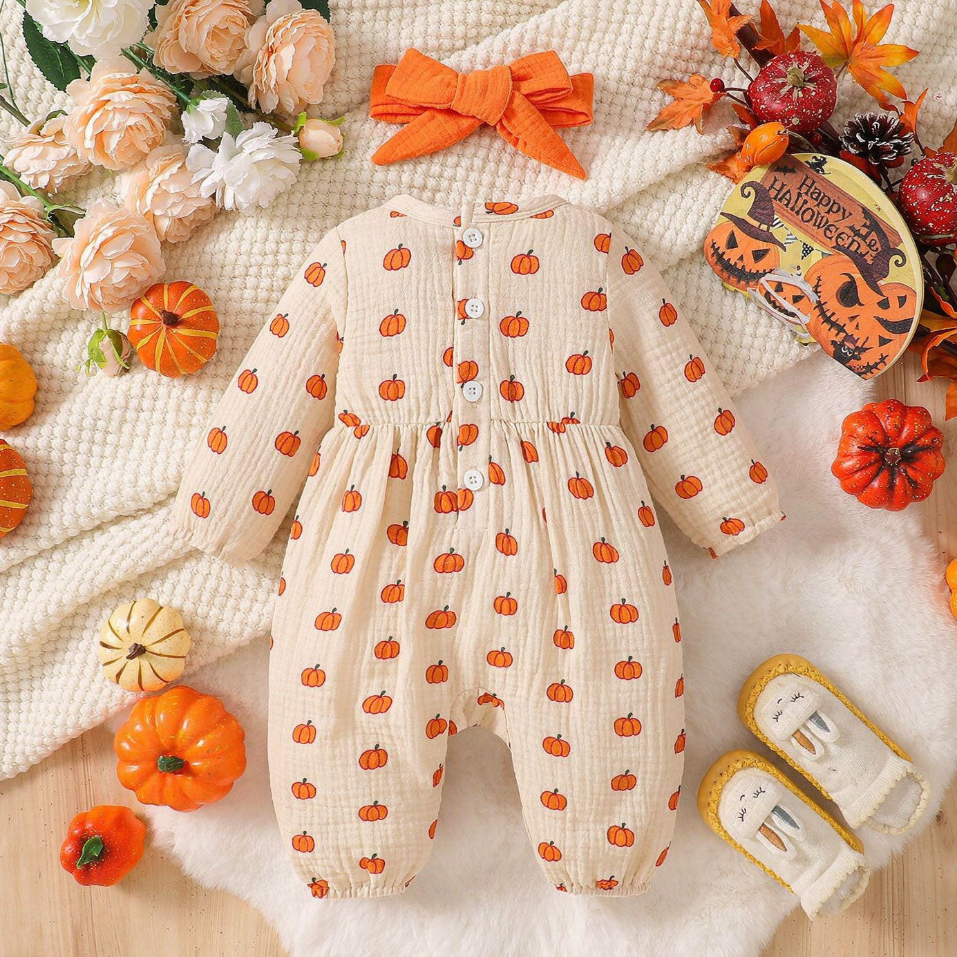 2PCS Sweet All-Over Pumpkin Print Long Sleeve Baby Jumpsuit