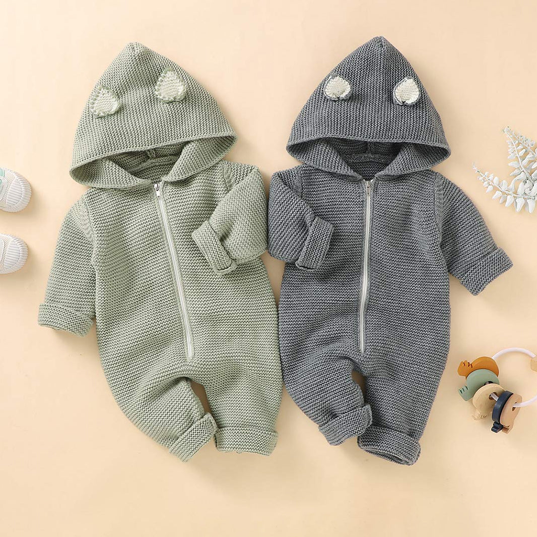 Cozy Solid Color Knitted Sweater Hooded Baby Jumpsuit