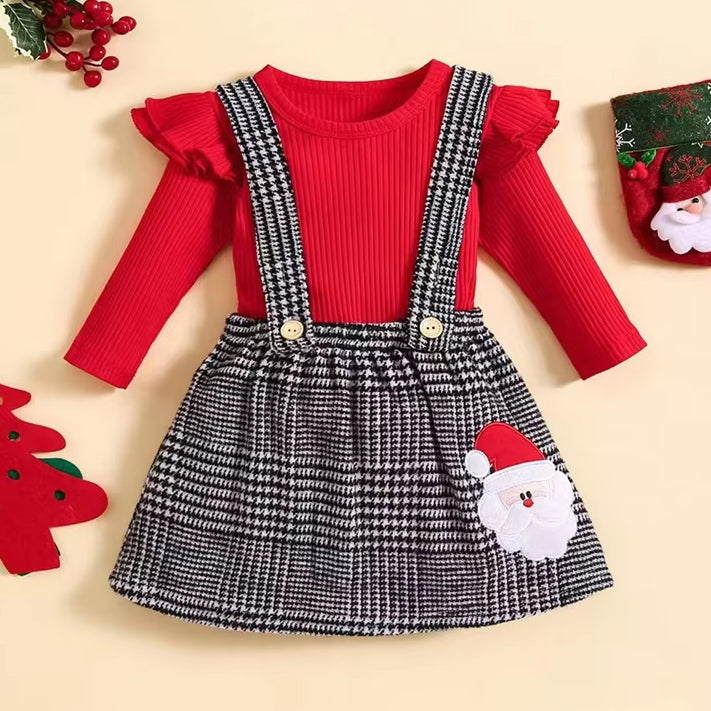 2PCS Sweet Santa Applique Houndstooth Print Long Sleeve Baby Girl Set