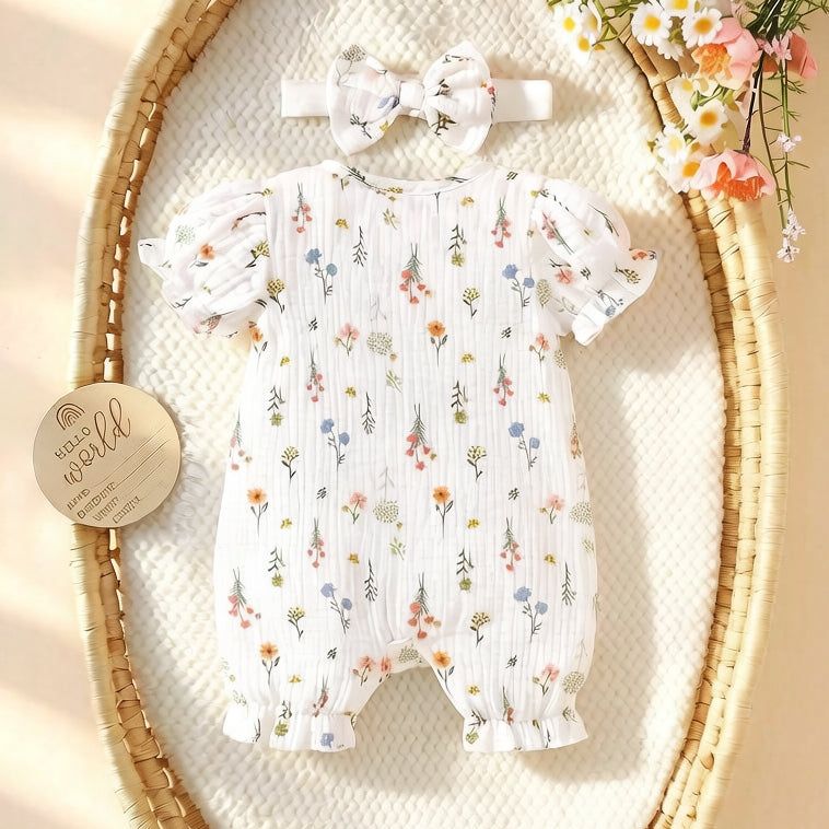 2PCS Exquisite Floral Print Short Sleeve Baby Jumpsuit