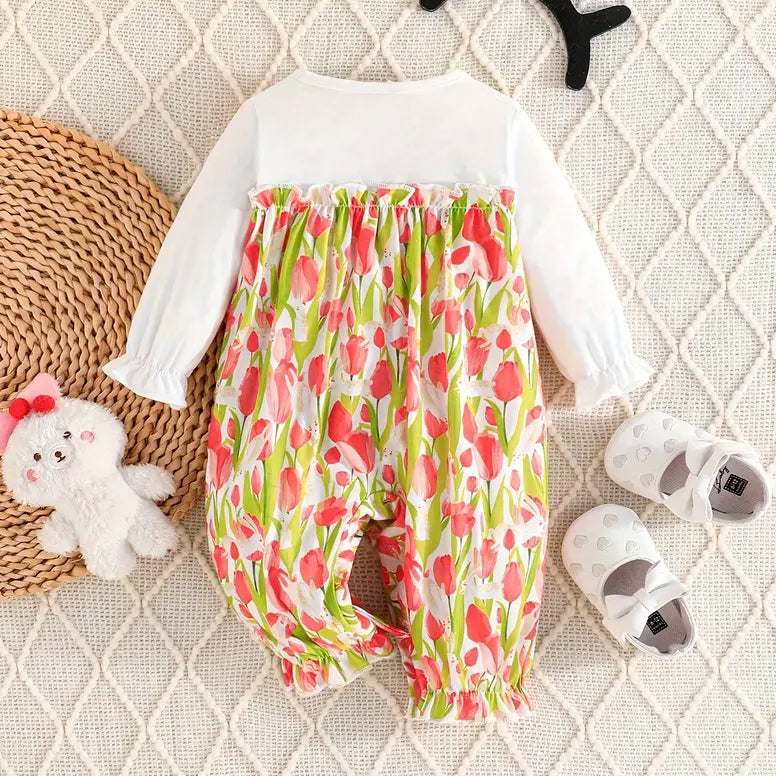 Pretty Tulip Printed Faux Two-piece Long Sleeve Baby Jumpsuit