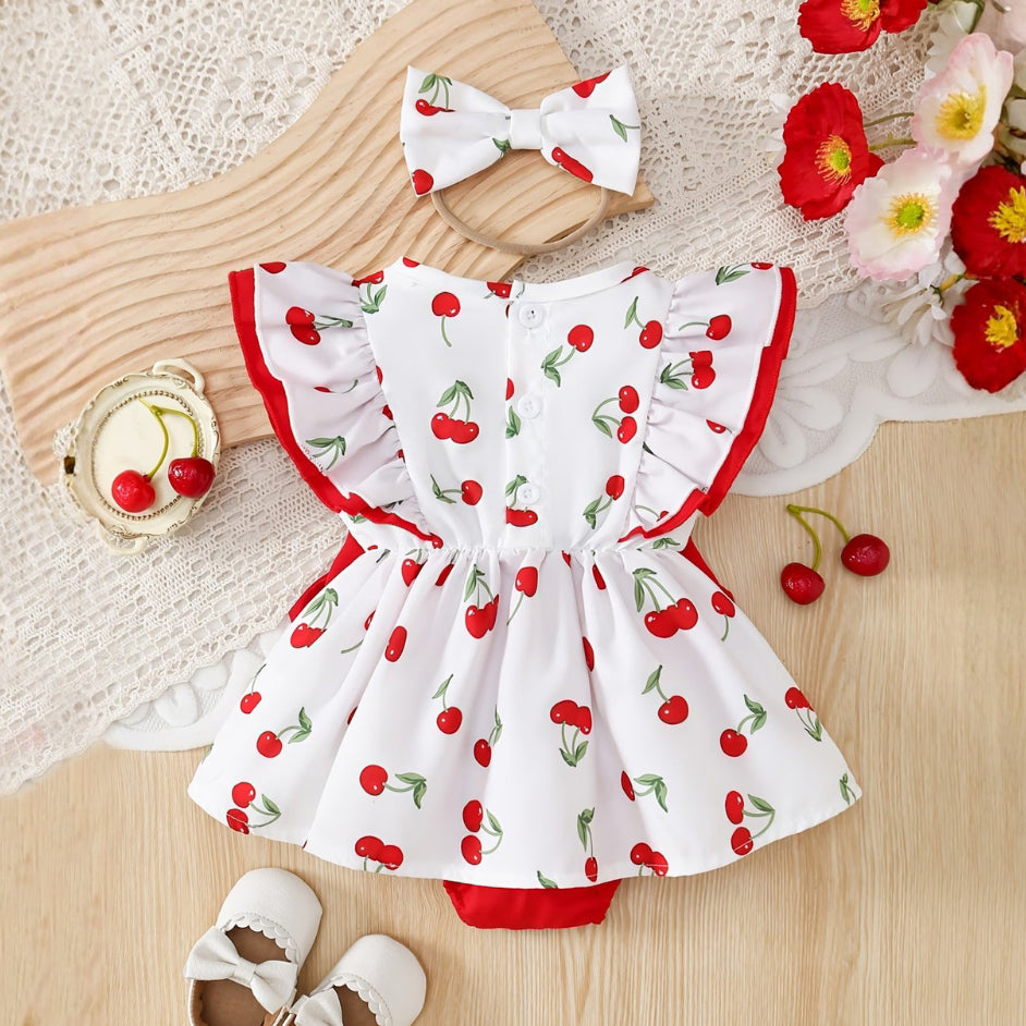 2PCS Elegant Cherry Print Fly Sleeve Baby Romper