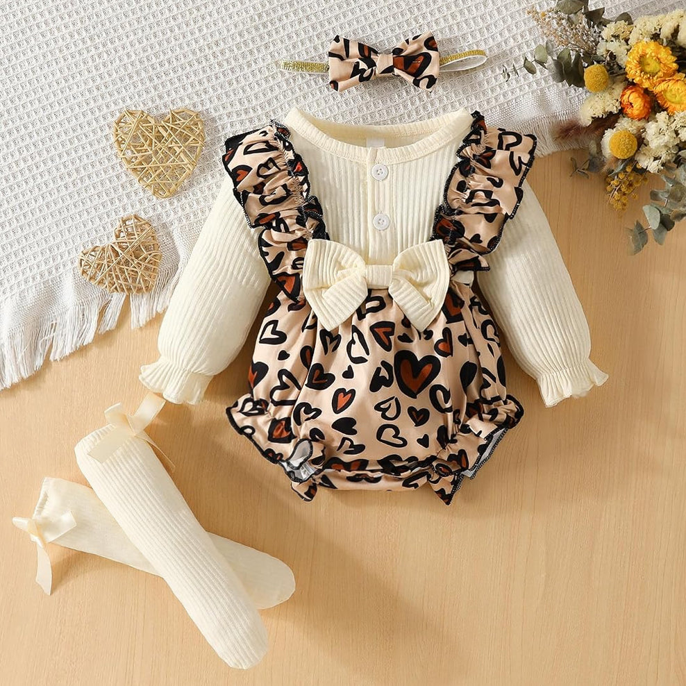 3PCS Adorable Heart Print Long Sleeve Baby Romper