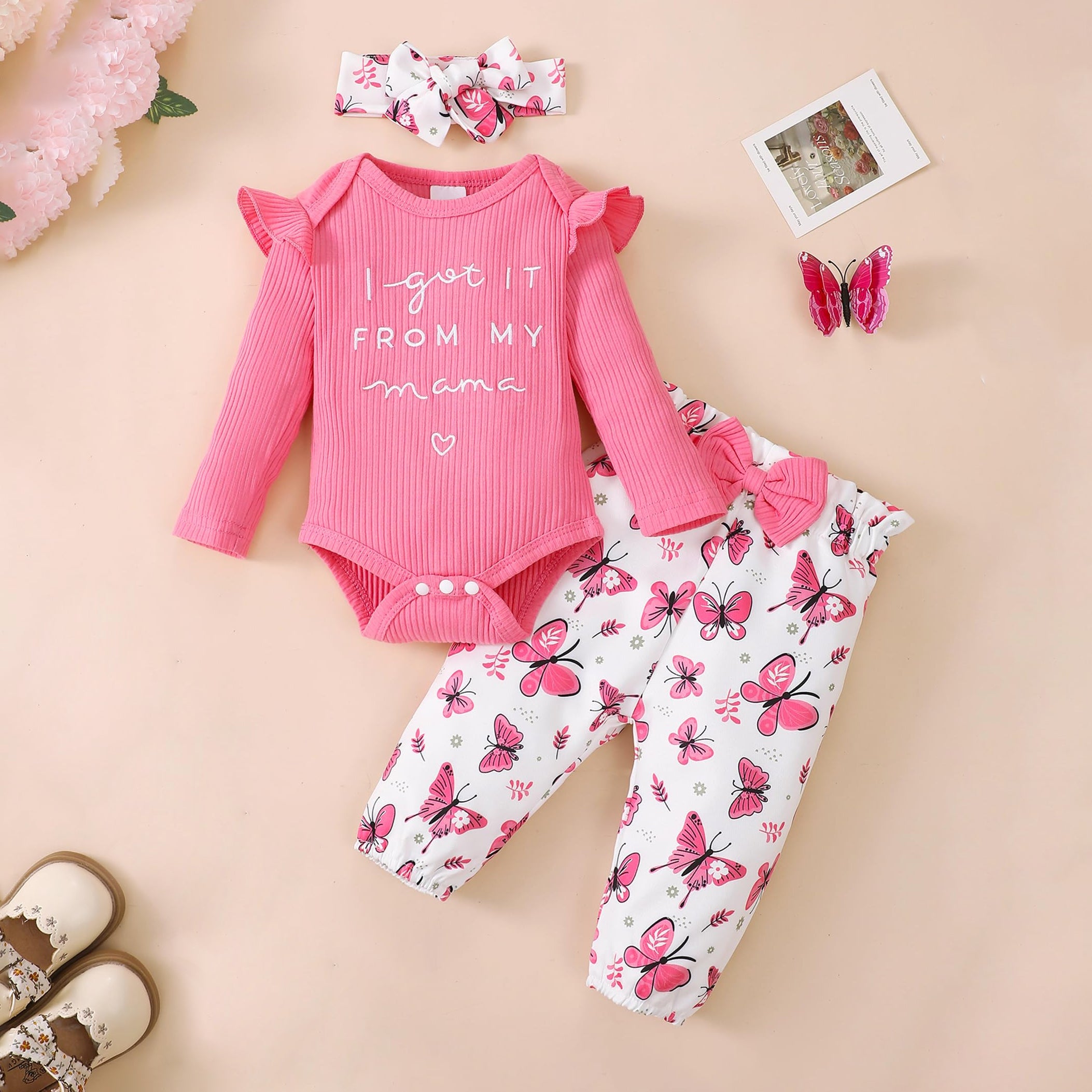 3PCS I Got It From My Mama Letter Butterfly Printed Baby Set