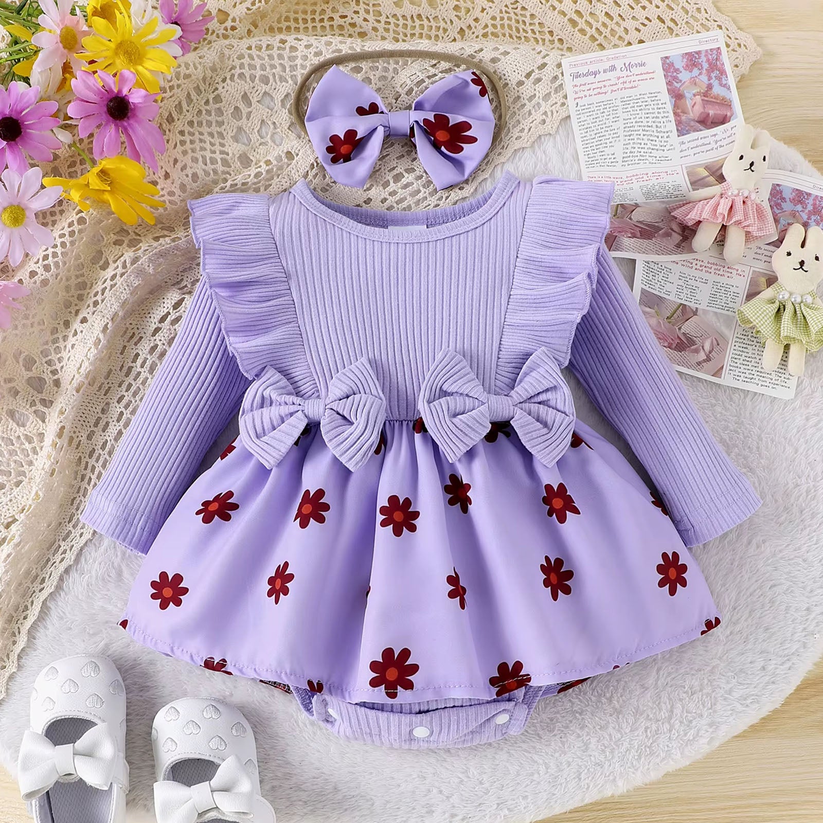 2PCS Adorable Floral Print Bow Long Sleeve Baby Romper