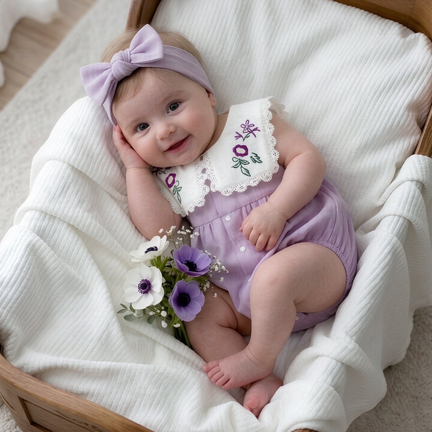 Sweet Floral Embroidery Ruffle Lace Sleeveless Baby Romper