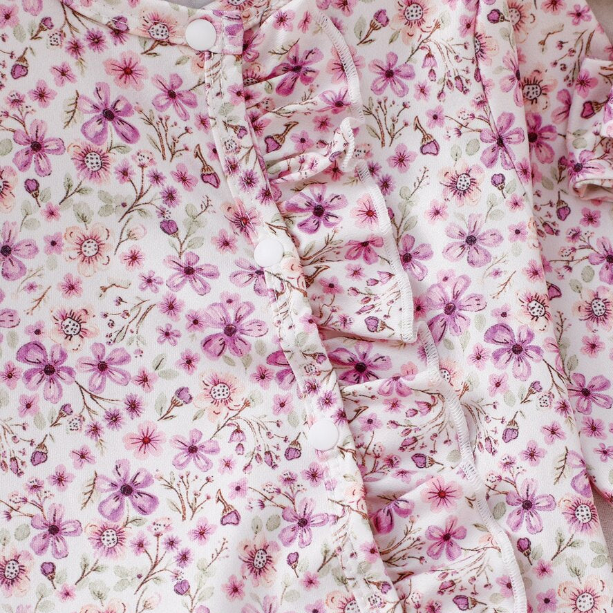 2PCS Romantic Floral Print Ruffle Long Sleeve Baby Zipper Jumpsuit