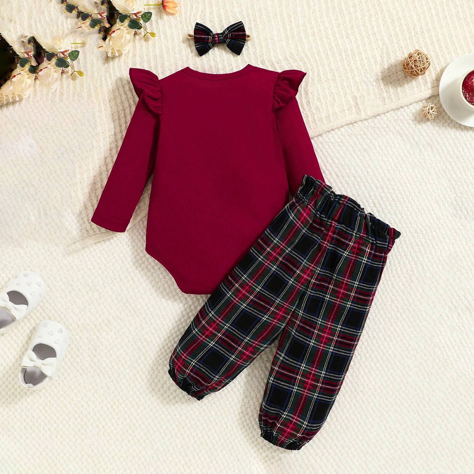 3PCS Bear Embroidery Plaid Printed Long Sleeve Baby Set