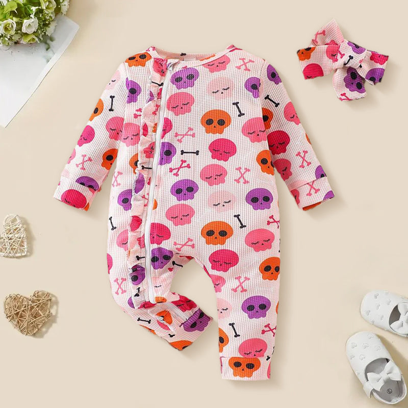 2PCS Multicolor Skull and Bones Printed Long Sleeve Halloween Baby Jumpsuit