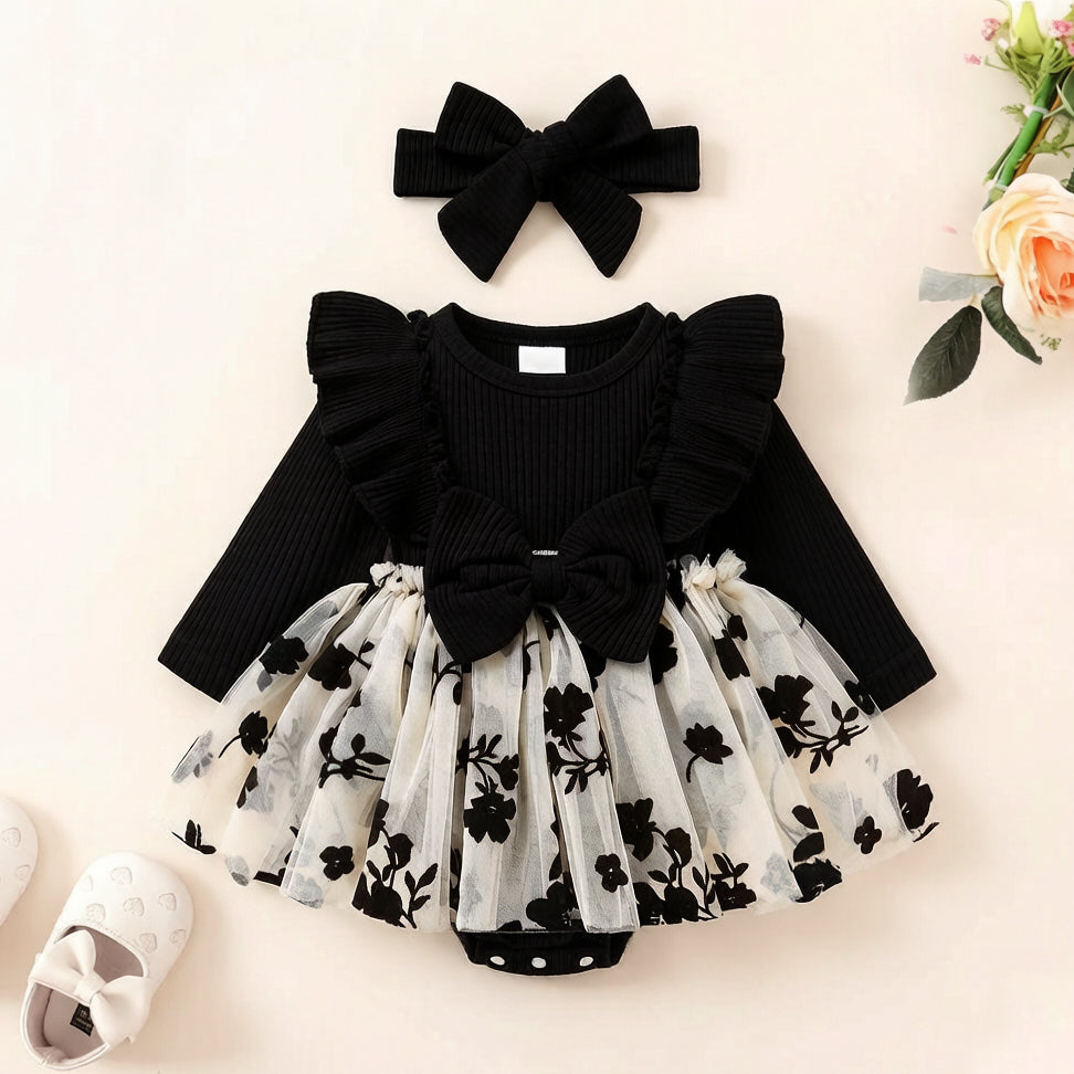 2PCS Elegant Floral Appliqué Tulle Long Sleeve Baby Romper