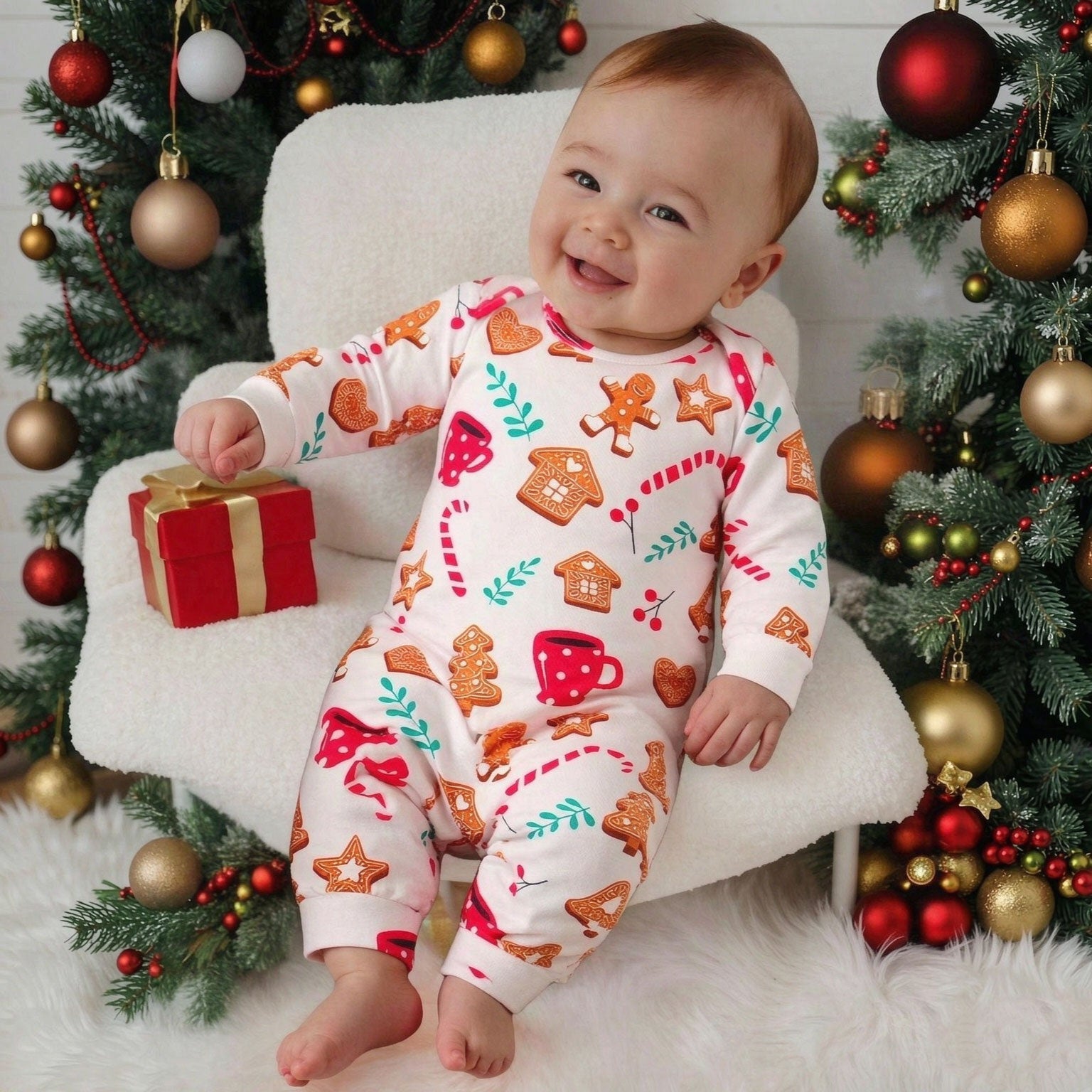 Lovely Gingerbread Christmas Elements Print Long Sleeve Baby Jumpsuit