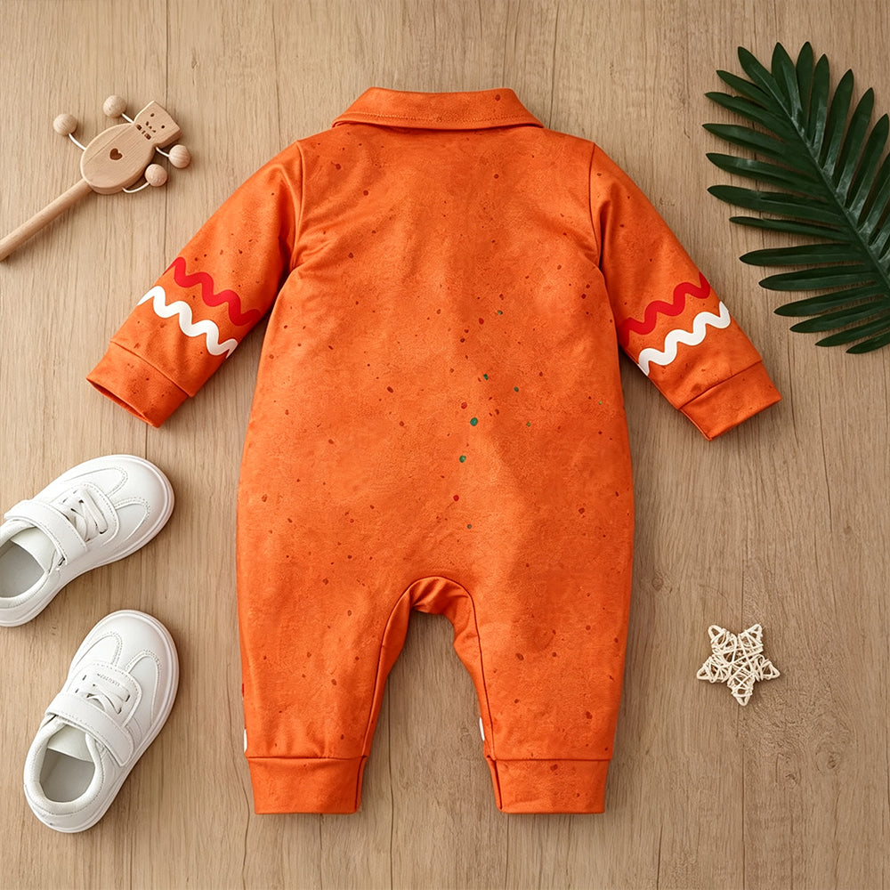 Cute Gingerbread Man Design Bow Decor Long Sleeve Baby Jumpsuit
