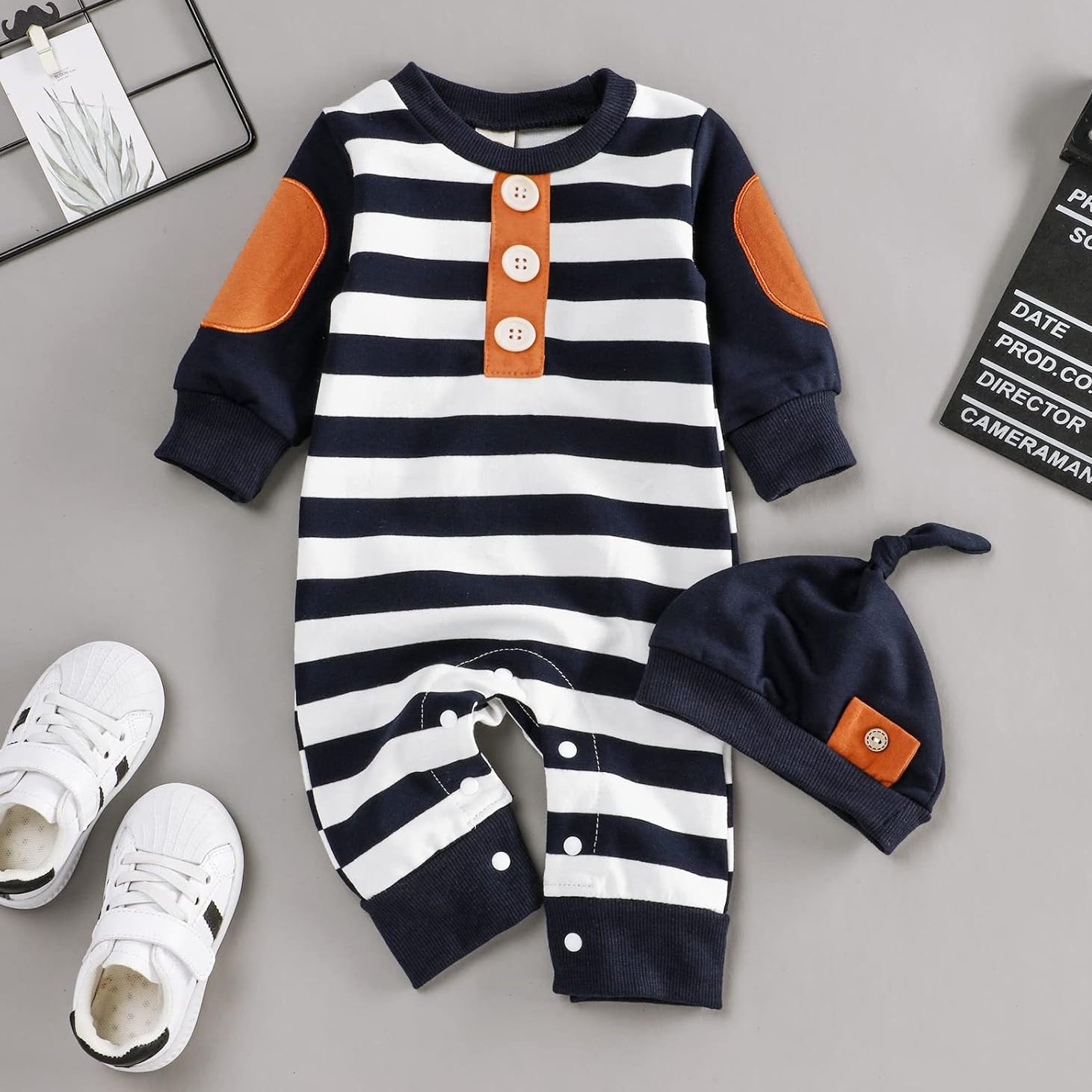 2PCS Casual Stripe Printed Long Sleeve Baby Jumpsuit