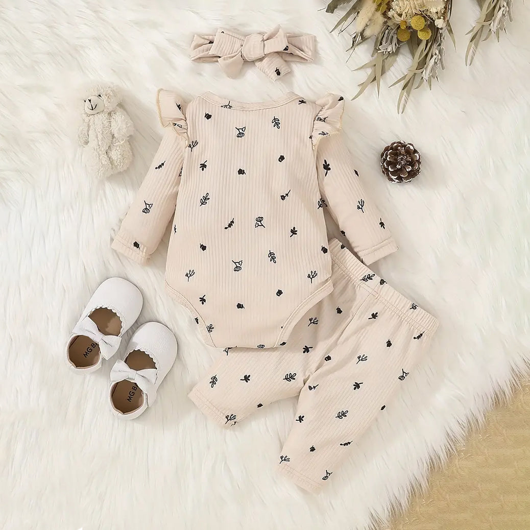 3PCS Lovely Allover Plant Printed Long Sleeve Baby Set