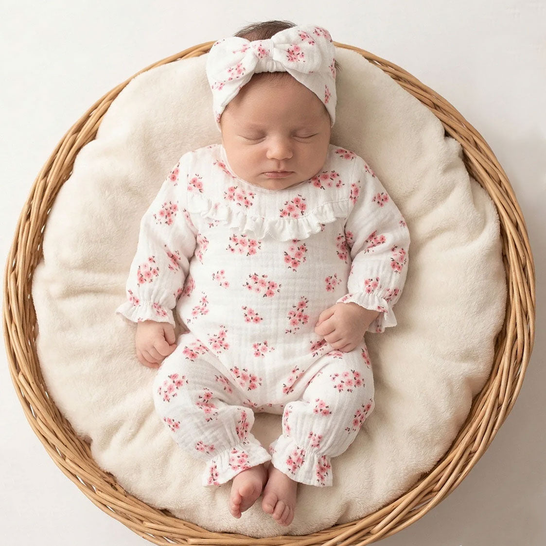 2PCS Quirky Floral Printed Ruffle Decor Long Sleeve Baby Jumpsuit