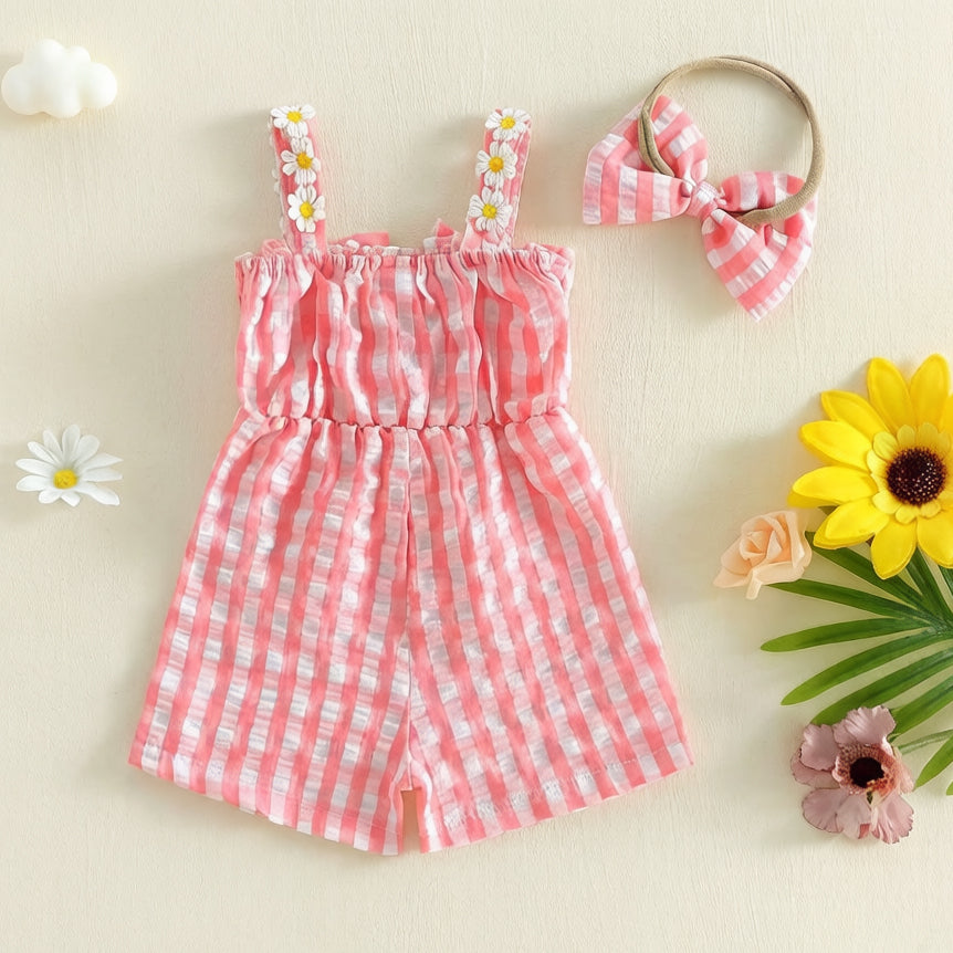 2PCS Pretty Floral Appliqué Plaid Print Sleeveless Baby Jumpsuit
