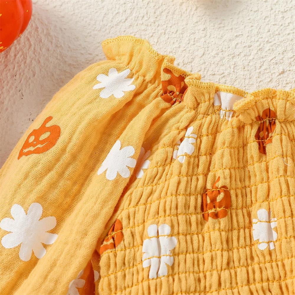 2PCS Pumpkin and Floral Print Long Sleeve Baby Romper