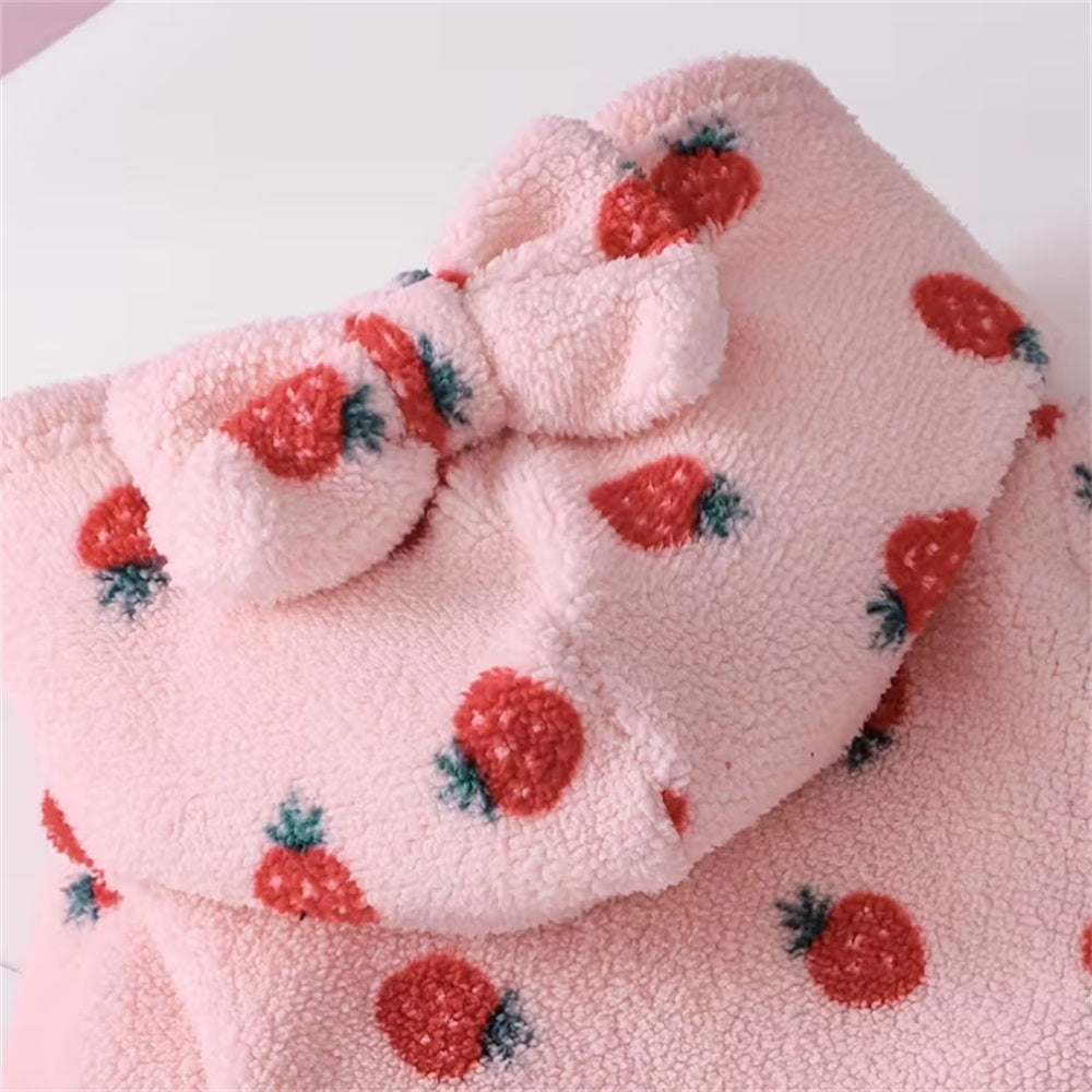 Sweet Strawberry Print Long Sleeve Plush Baby Jumpsuit