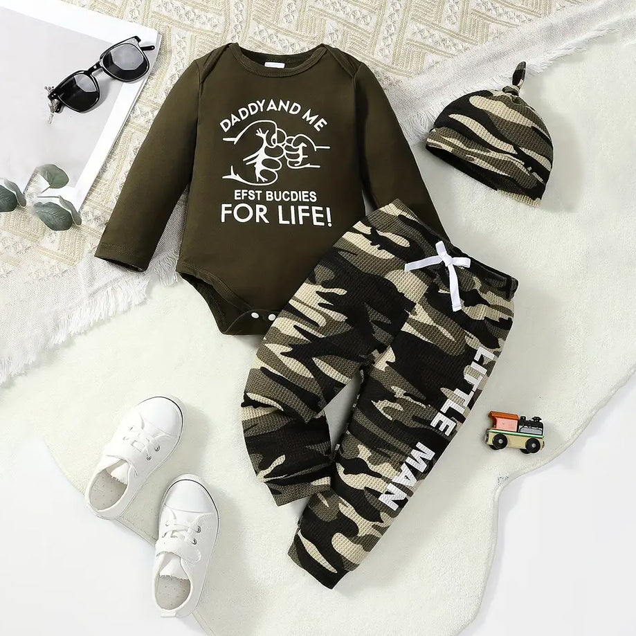 3PCS Daddy and Me Letter Printed Camo Pants Long Sleeve Baby Set