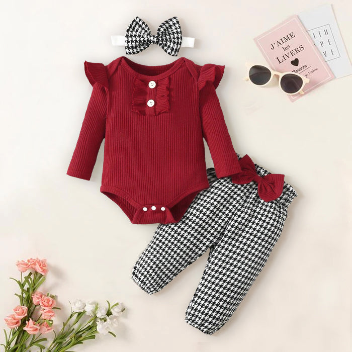 3PCS Stylish Plaid Printed Bowknot Decoration Long Sleeve Baby Set