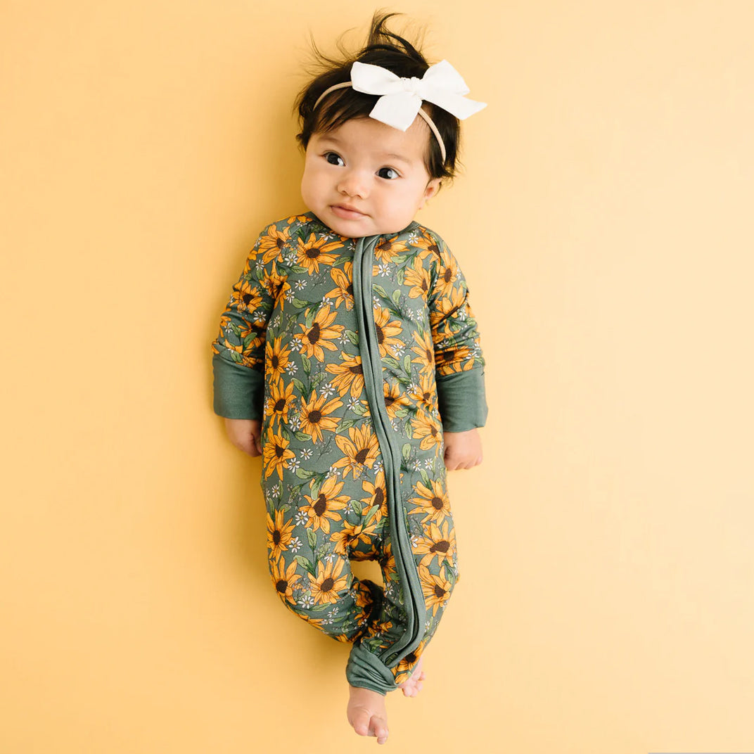 Elegant Sunflower Printed Long Sleeve Zipper Baby Jumpsuit