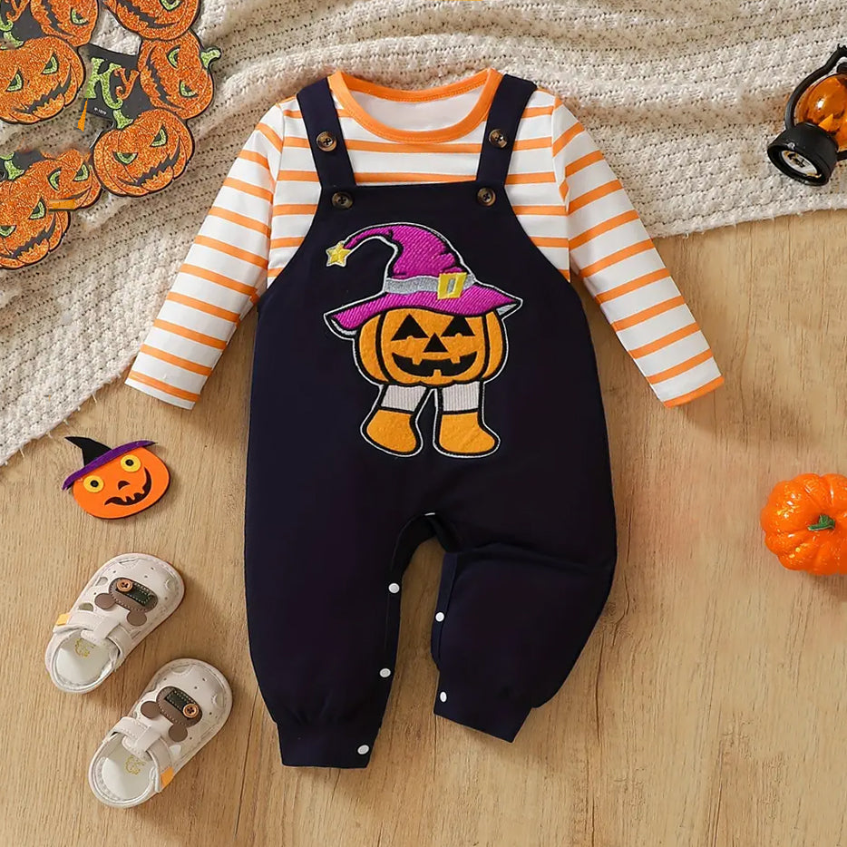 Stylish Stripe Pumpkin Printed Long Sleeve Baby Jumpsuit