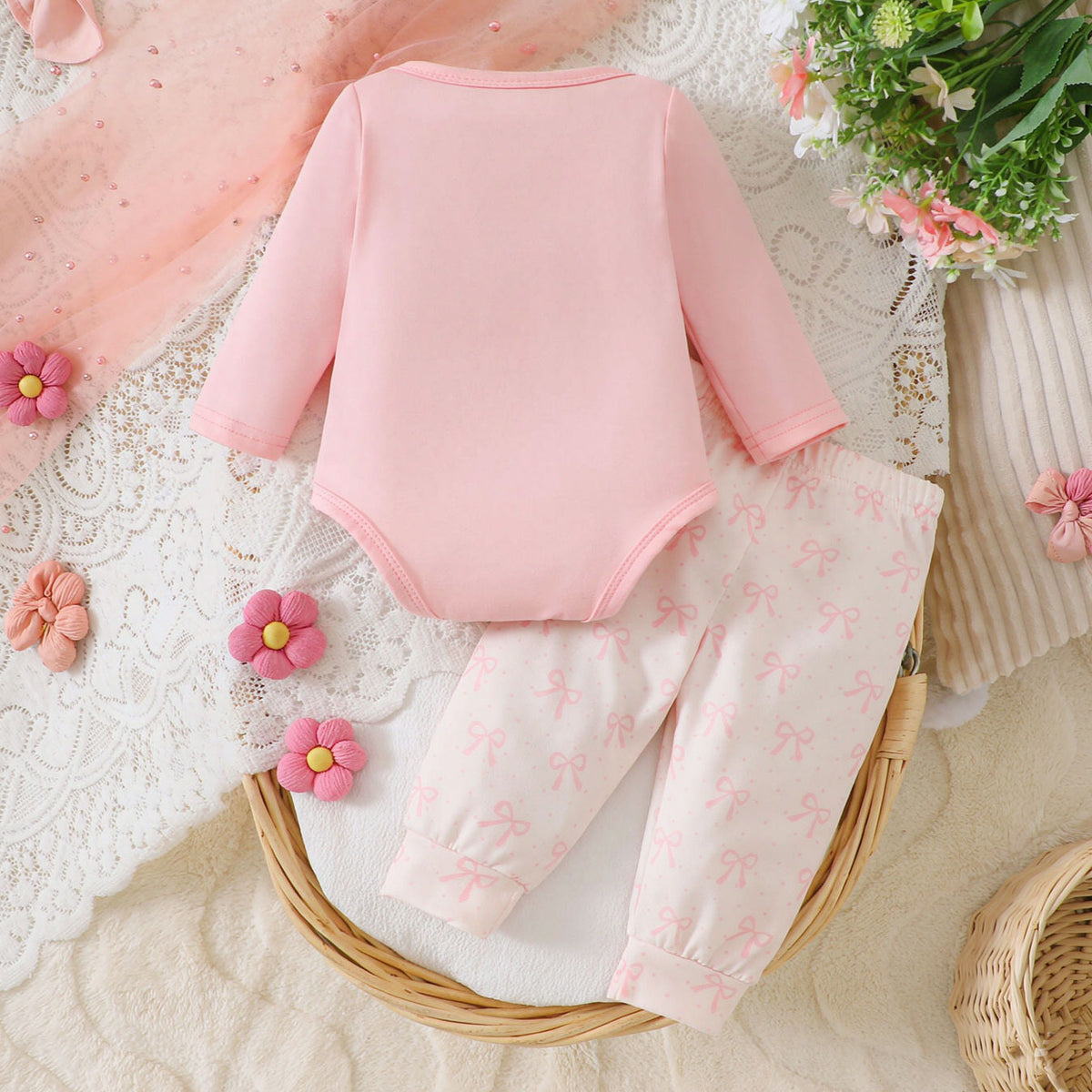 2PCS Pretty Bow Appliqué Long Sleeve Baby Girl Set