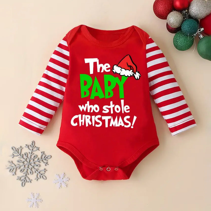 3PCS The Baby Who Stole Christmas Letter Stripe Printed Long Sleeve Baby Set