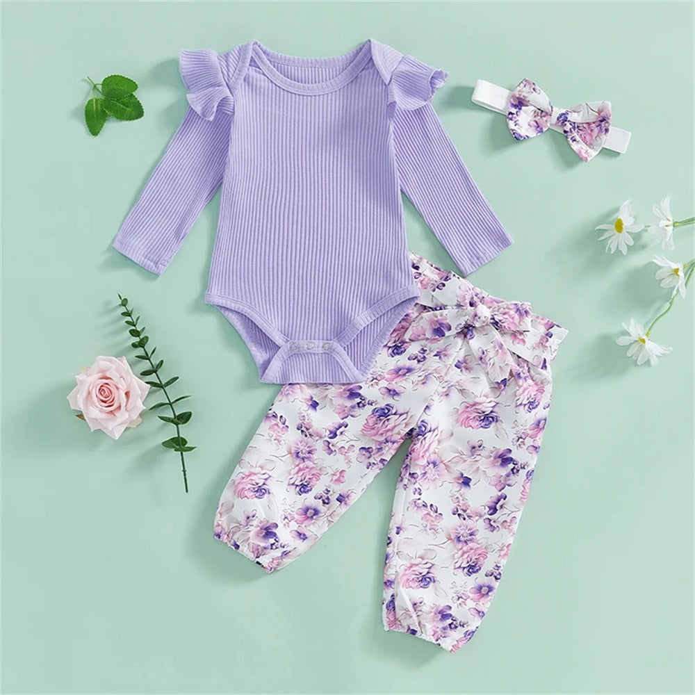 3PCS Lovely Floral Print Rib Long Sleeve Baby Set