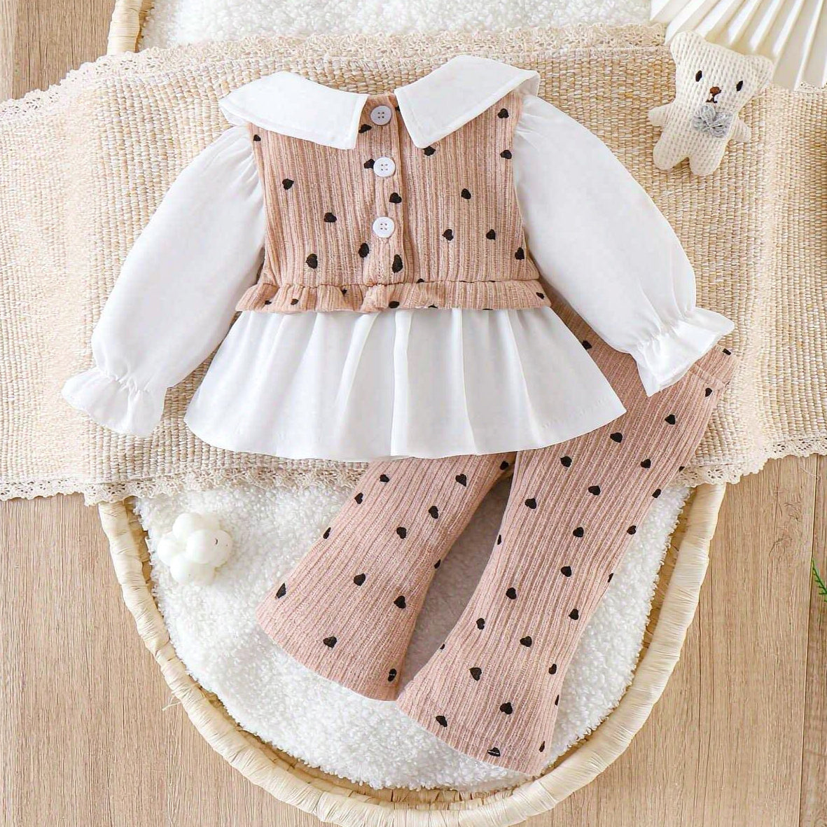 2PCS Charming Heart Print Bow Long Sleeve Baby Girl Set