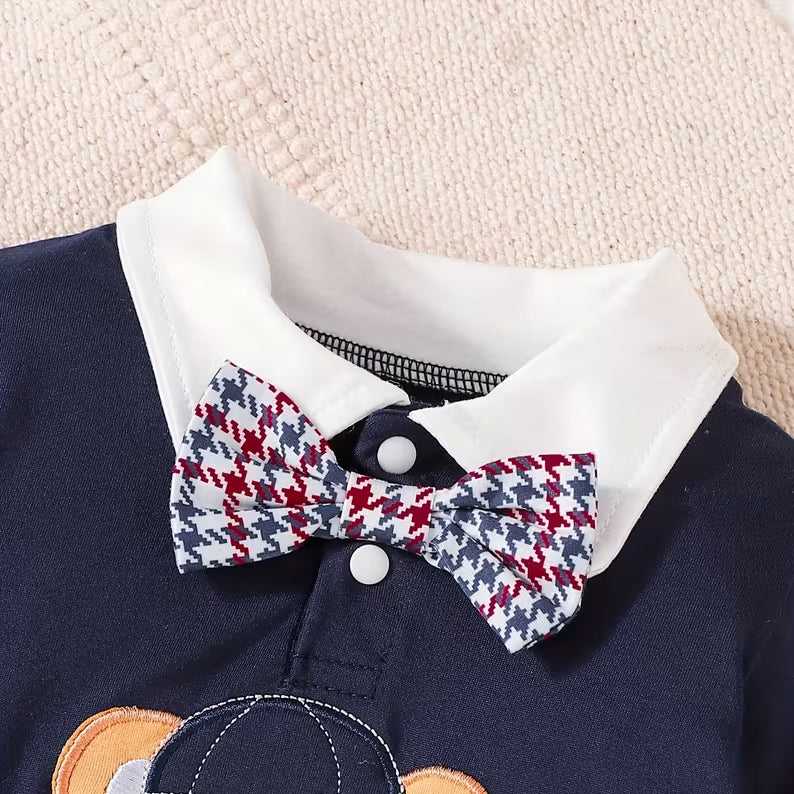 2PCS Bear Embroidery Houndstooth Printed Long Sleeve Baby Set
