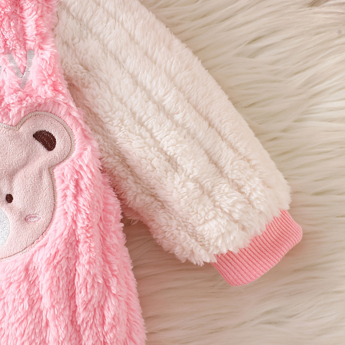 Lovely Bear Appliqué Fuzzy Long Sleeve Baby Girl Jumpsuit