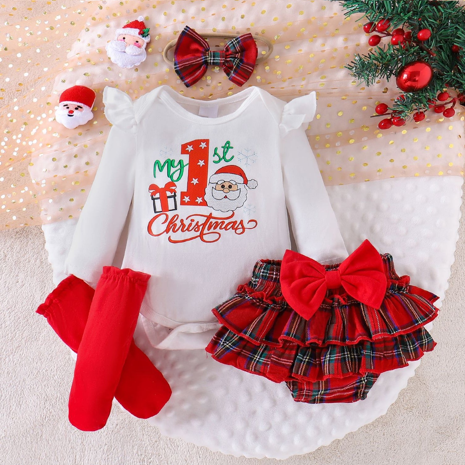4PCS Lovely My 1st Christmas Letter Plaid Printed Baby Set