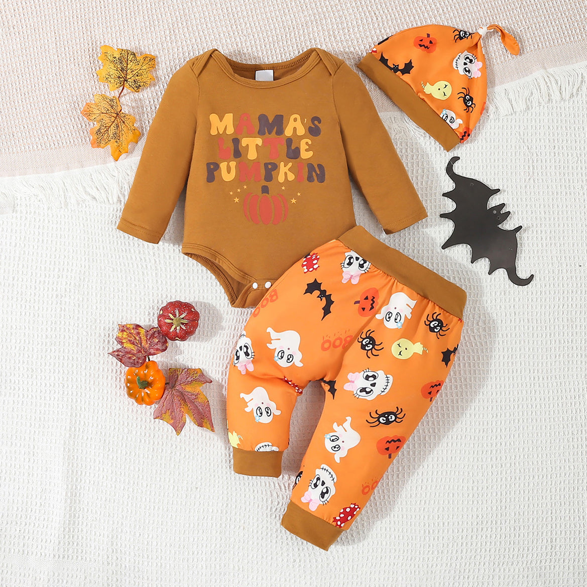 3PCS Mama's Little Pumpkin Letter Cartoon Printed Long Sleeve Baby Set