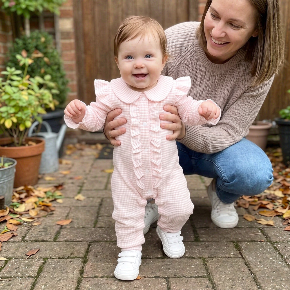 Comfy Solid Color Waffle Long Sleeve Ruffle Baby Girl Jumpsuit