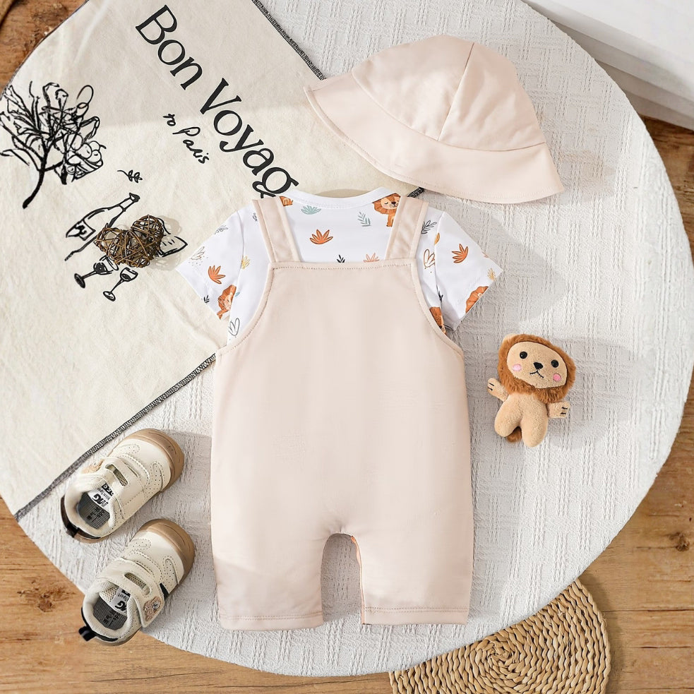 3PCS Casual Lion Print Short Sleeve Baby Overalls Set