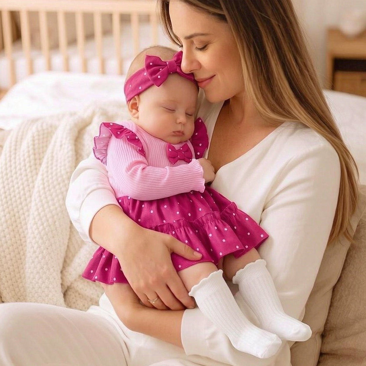 2PCS Pretty Polka Dots Print Bow Long Sleeve Baby Girl Romper