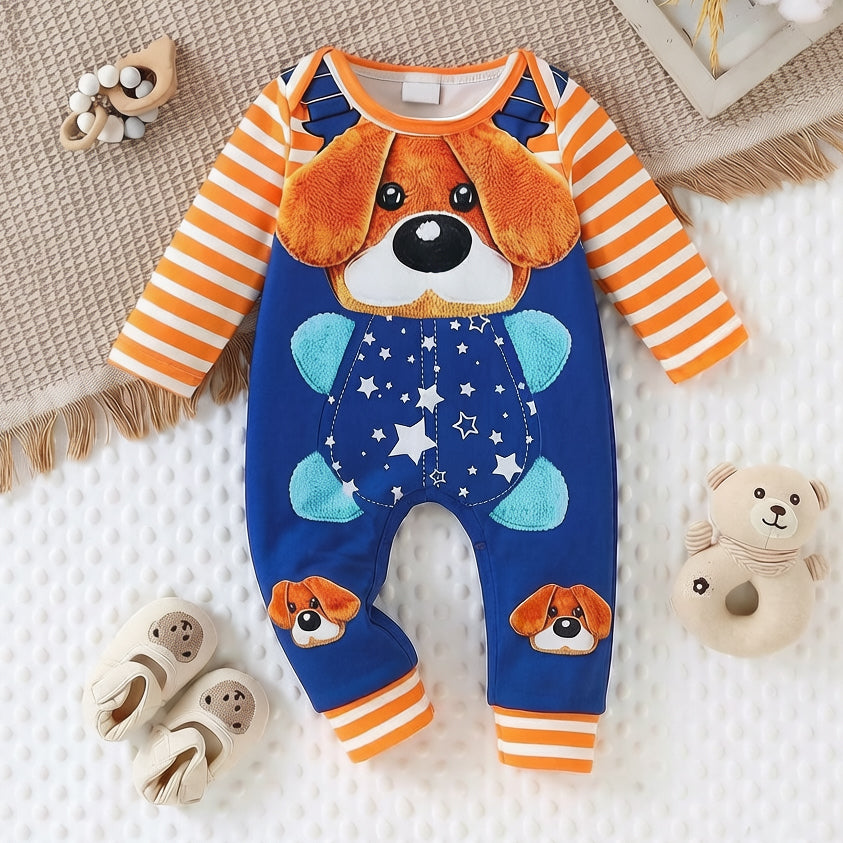 Lovely Cartoon Pet Puppy & Stripe Print Long Sleeve Baby Jumpsuit