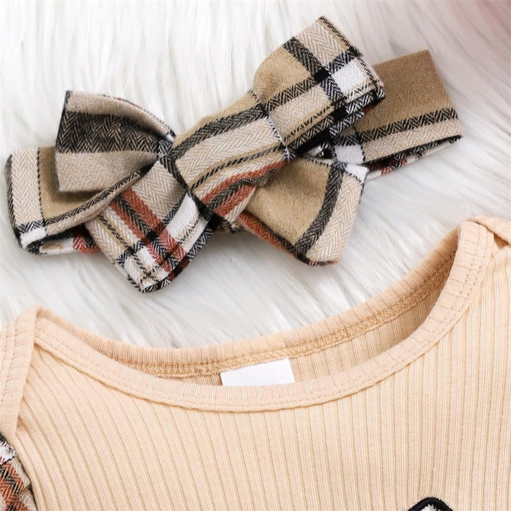 3PCS Cute Bow Print Plaid Long Sleeve Baby Set