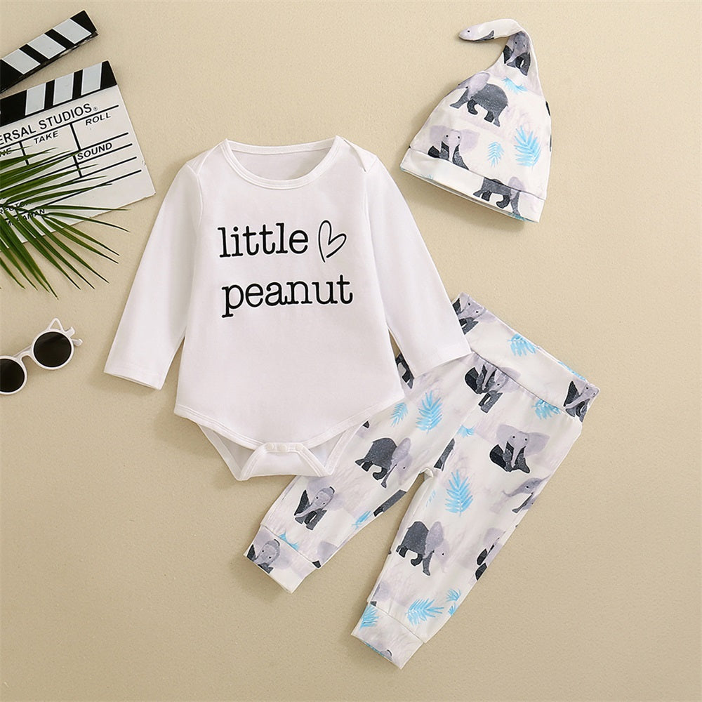 3PCS Little Peanut Letter Elephant Print Long Sleeve Baby Set