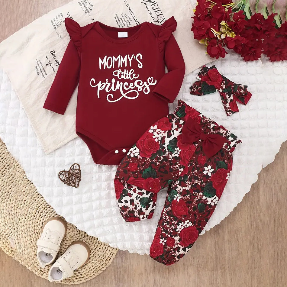3PCS Mommy's Little Princess Letter Floral Printed Baby Set
