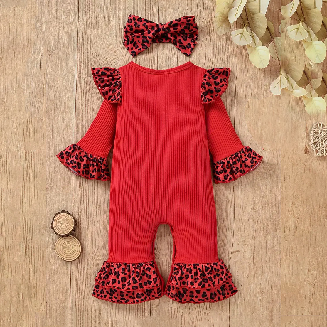 2PCS Merry Christmas Letter Leopard Printed Ruffle Shoulder Baby Jumpsuit